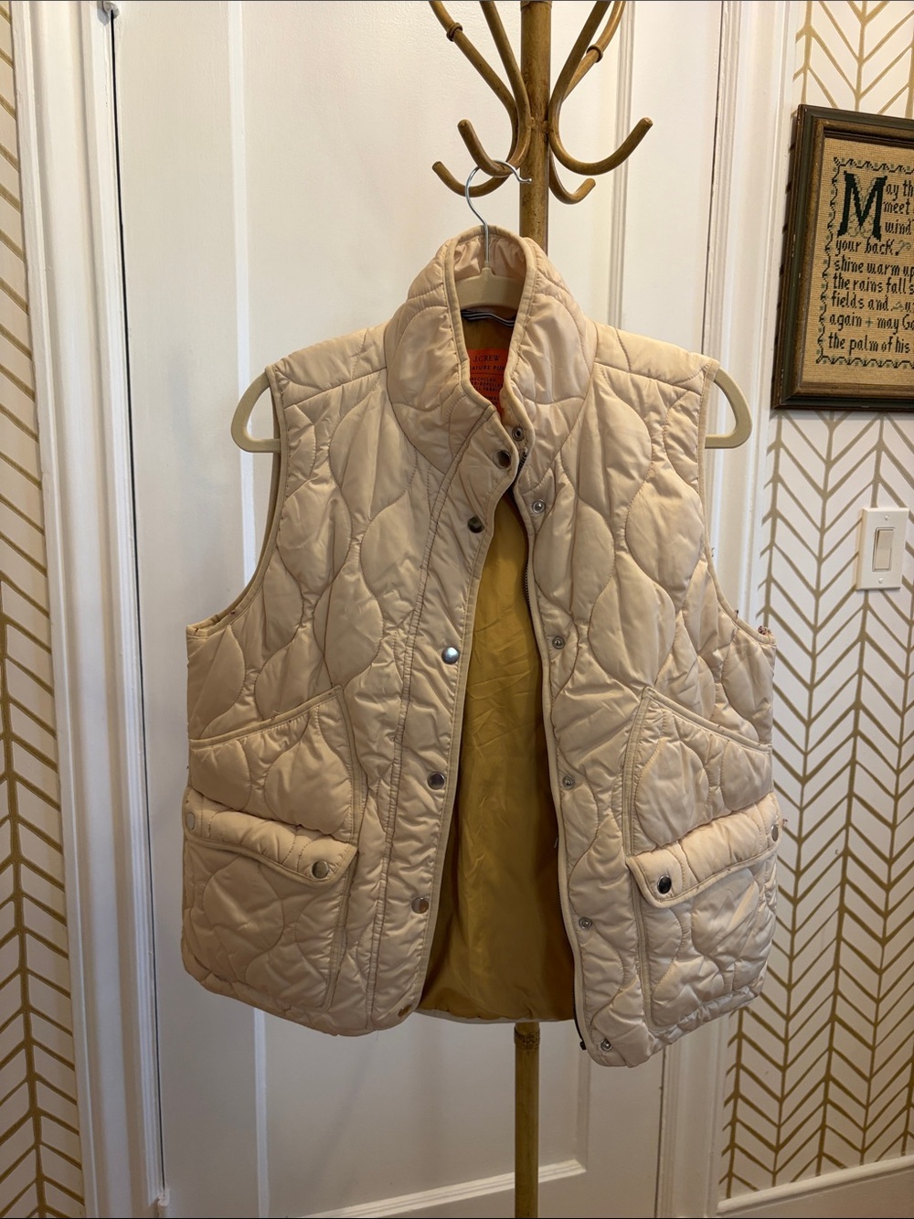 J. Crew Quilted Reversible Puffer Vest in Cream with Mustard Lining
